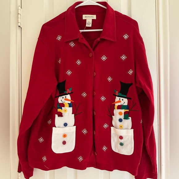 Bechamel Womens Red Snowman Button Up Cardigan Sweater/Shirt Sz XL 100% Cotton - Picture 1 of 6